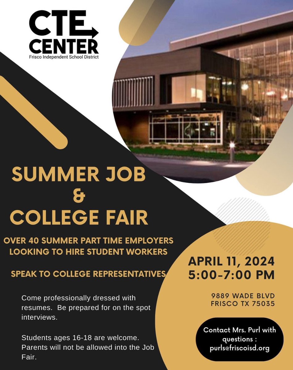 If you’re 16-18, make plans to attend the CTE Summer Job & College Fair on Thursday from 5-7 PM. Dress professional, bring resumes, & be ready for on-the-spot interviews!