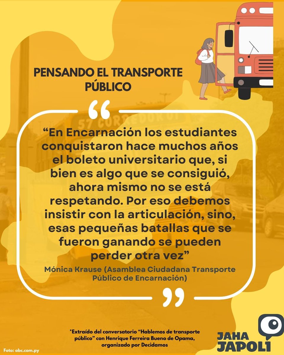🚍💬 Mónica Krause de la Asamblea Ciudadana de Transporte Público de Encarnación nos insta a mantenernos unidos en la lucha por un transporte digno. El boleto universitario conquistado está en riesgo de perderse. ¡Sigamos adelante juntos y juntas! #TransportePúblico 🚌✊