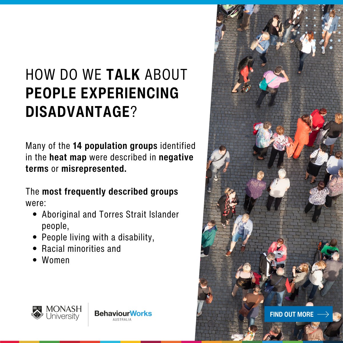 BehaviourWorksA's tweet photo. We found many groups were described in negative terms or misrepresented, when we conducted research exploring how various types of disadvantage are depicted in the media and other public communication in Australia.

Read the paper: https://t.co/sB2yZmcE1R https://t.co/LUBfeQUS1y
