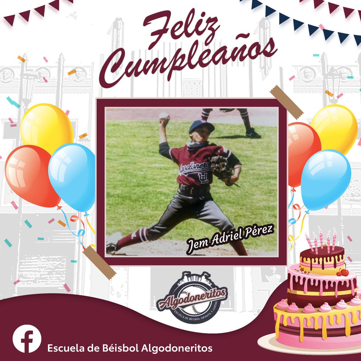 Algodoneritos_'s tweet photo. Esta tarde la felicitación es para nuestro joven lanzador, Jem Adriel Pérez, quien está cumpliendo 15 años y deseamos que lance muchos chocolates 💪🏻

Feliz cumpleaños, Adriel 🥳 https://t.co/w42BfM9KYM