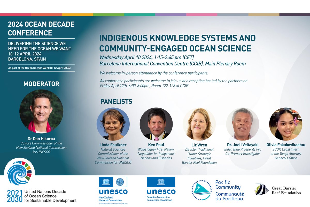 #PCCOS | SPC is proud to support #Pacific voices at the #OceanDecade conference #Barcelona! Fijian knowledge keeper Dr Joeli Veitayaki & Tongan Early Career Ocean Professional Olivia Fakakovikaetau join talks on a unique blend of traditions, science & policy for ocean management!