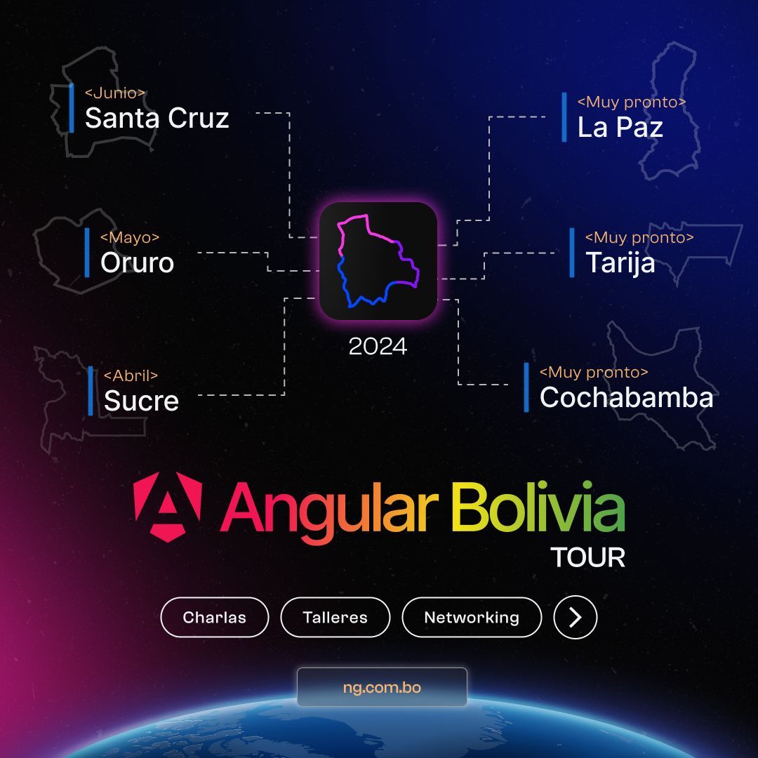 ¡Atención Bolivia! 🌟 Nos enorgullece anunciar la realización de múltiples eventos este 2024, ¡y estamos llegando a 6 ciudades! No te pierdas esta oportunidad única. ¡Permanece atento a nuestras redes sociales para conocer las fechas! 🎉 #AngularBoliviaTour #Angular