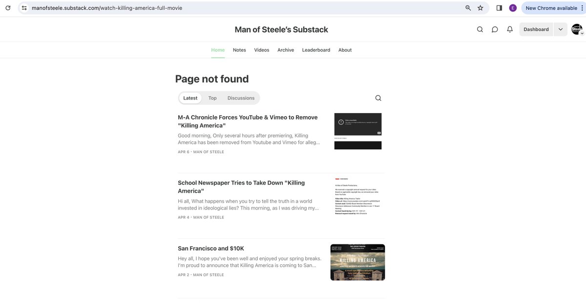Without any notice or warning, @SubstackInc removed my post containing links to the #KillingAmerica movie. Even @YouTube and @Vimeo had the sense to send me a notice. Not one word from Substack. Instead, a chat bot directed me to a form that asked why I felt that the post was…
