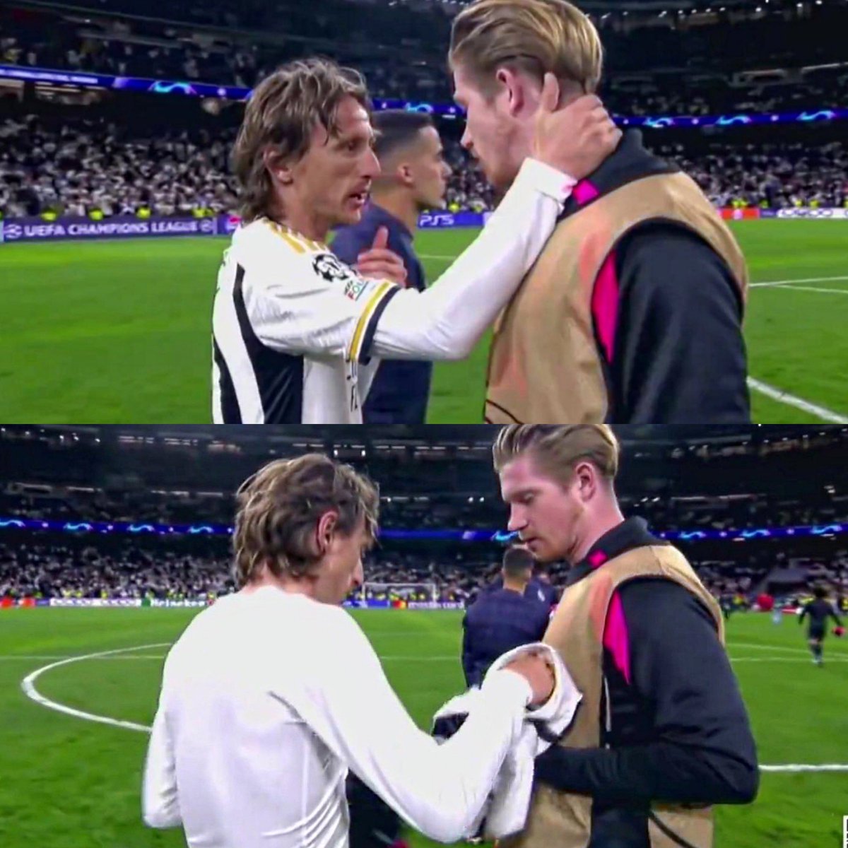 Termina uno de los mejores partidos del año. De Bruyne le pide la camiseta a Luka Modric. Abrazo a pura admiración entre dos cracks. Gracias por tanto fulbo.