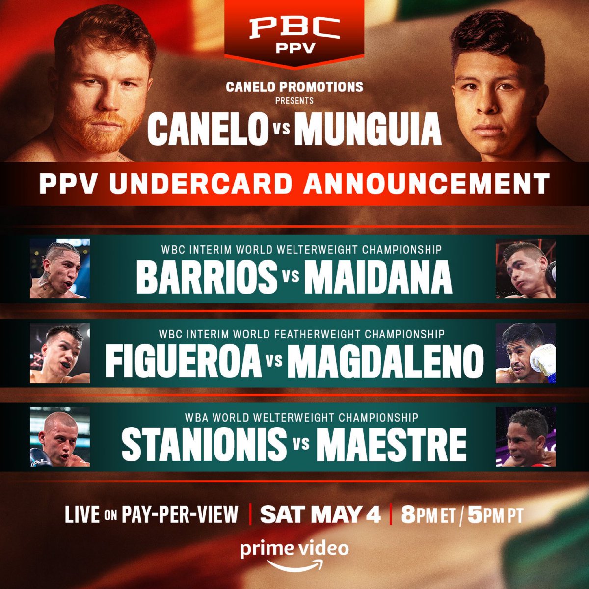 Amazing undercard in #boxing for the May 4th fight. I’m truly excited for these match ups. It’s going to be a fun night of fights. #CaneloMunguia #BarriosMaidana #FigueroaMagdaleno #StannionisMaestre