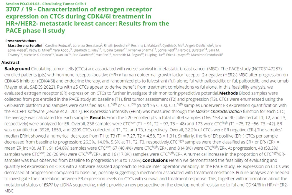 Results of the Phase II #PACEStudy: Characterization of estrogen receptor expression on CTCs during CDK4/6i treatment in HR+/HER2- #MetastaticBreastCancer were presented at #AACR24. @elmayermd @Merregan @stolaney1 @RMJesel @MCristofanill @LGerratana abstractsonline.com/pp8/#!/20272/p…