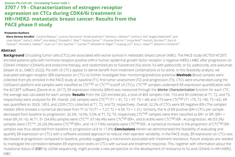 Results of the Phase II #PACEStudy: Characterization of estrogen receptor expression on CTCs during CDK4/6i treatment in HR+/HER2- #MetastaticBreastCancer were presented at #AACR24.  @elmayermd @Merregan @stolaney1 @RMJesel @MCristofanill  @LGerratana
abstractsonline.com/pp8/#!/20272/p…