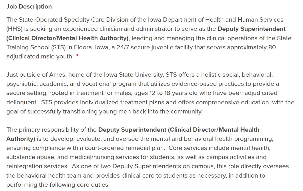 Job opportunity (deputy superintendent) for licensed mental health clinicians who work with youth. Salary ~80K-$122K. Move to Iowa and work with great people! governmentjobs.com/careers/iowa/j…