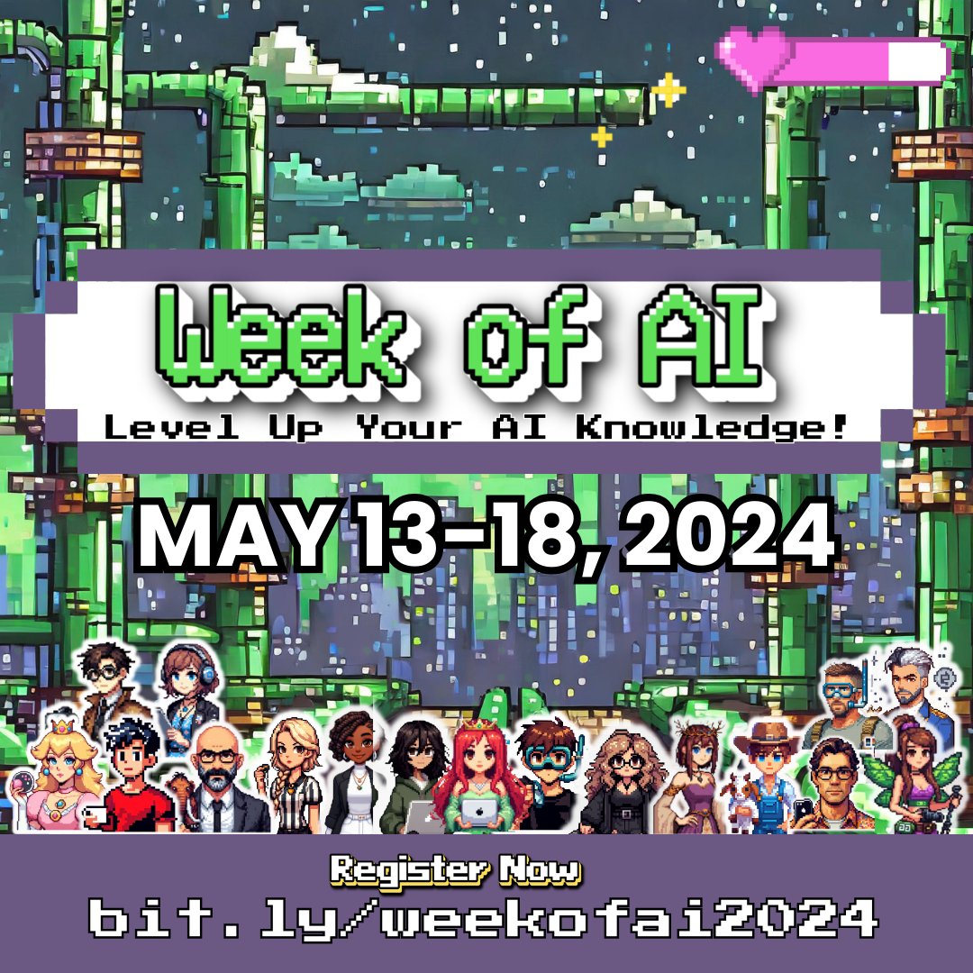 Are you registered to attend #WeekofAI? Join the Pixel Pioneers & create your attendee sprite! 🔗Click on the link below and follow the prompt! Register for the conference to get templates & more! Want to be part of the movement? Submit a proposal! bit.ly/weekofaisprite