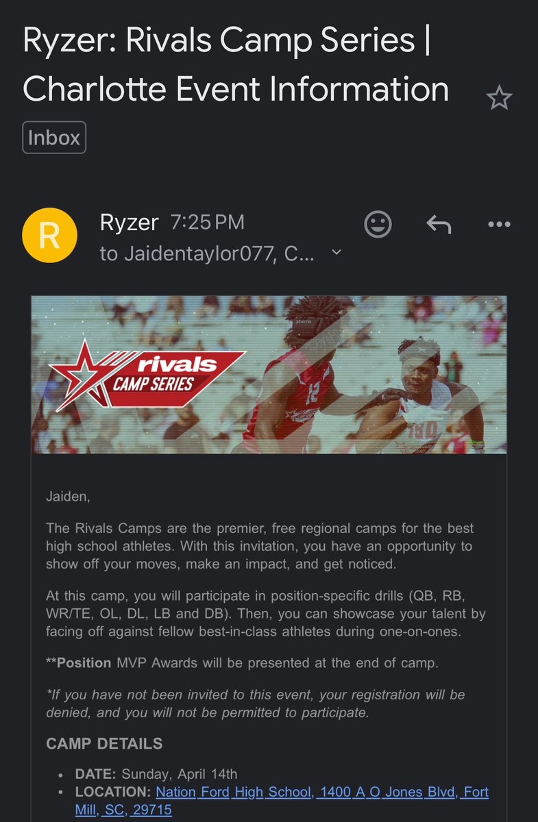 I’ll Be at rivals camp April 14th Ready to get down there 😁@MattRochester50 @RivalsCamp @RHS_FB @RivalsFriedman @adamgorney @AnnaH247 @lukewinstel @CoachWash4 @DemetricDWarren @Waltjr2222 @kelzontop @CoachCamStepp @JeremyO_Johnson @alexshawe @DAWGHZERECRUITS @WRHitList