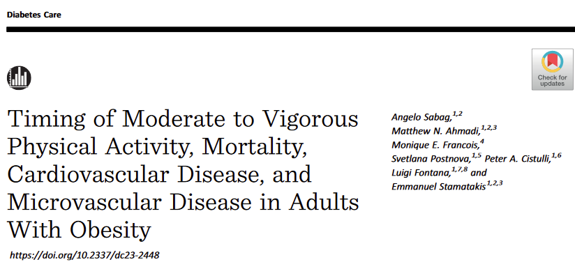 Does the time of day people w obesity/diabetes do most #PhysicalActivity make a difference to mortality/CVD risk? diabetesjournals.org/care/article/d… New @uk_biobank paper in @DiabetesCareADA by⭐️ @AngeloSabag⭐️@Matthew_Ahmadi_ @SMH article: smh.com.au/lifestyle/heal… #Wearables