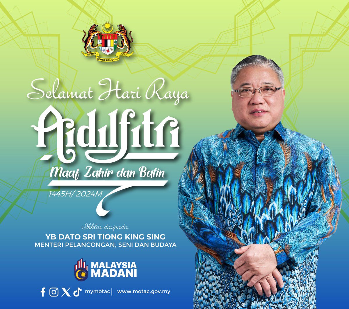 Perutusan YB Menteri Pelancongan, Seni dan Budaya sempena Hari Raya Aidilfitri 2024 Klik untuk perutusan penuh facebook.com/share/p/VsWT35… #MyMOTAC #MySeniBudaya #MalaysiaTrulyAsia #Aidilfitri2024 #MalaysiaMADANI