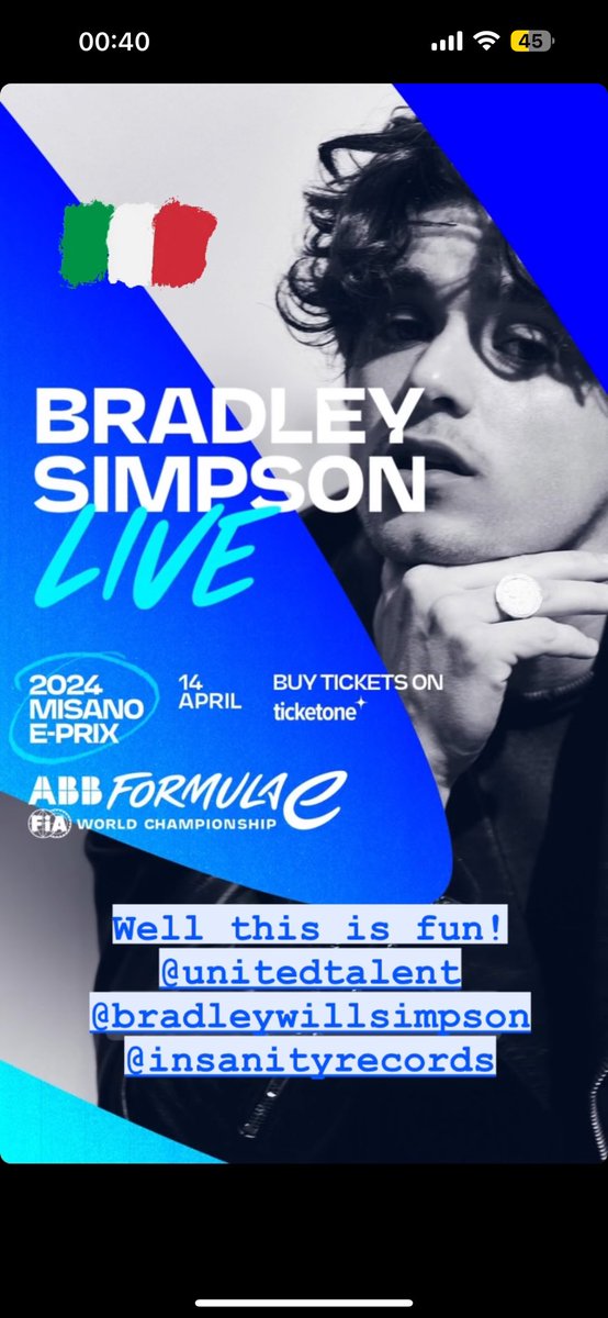 Brad will be preforming at the Misano E-Prix this Sunday, 14th April! You can purchase tickets here: ticketone.it/en/event/2024-…
