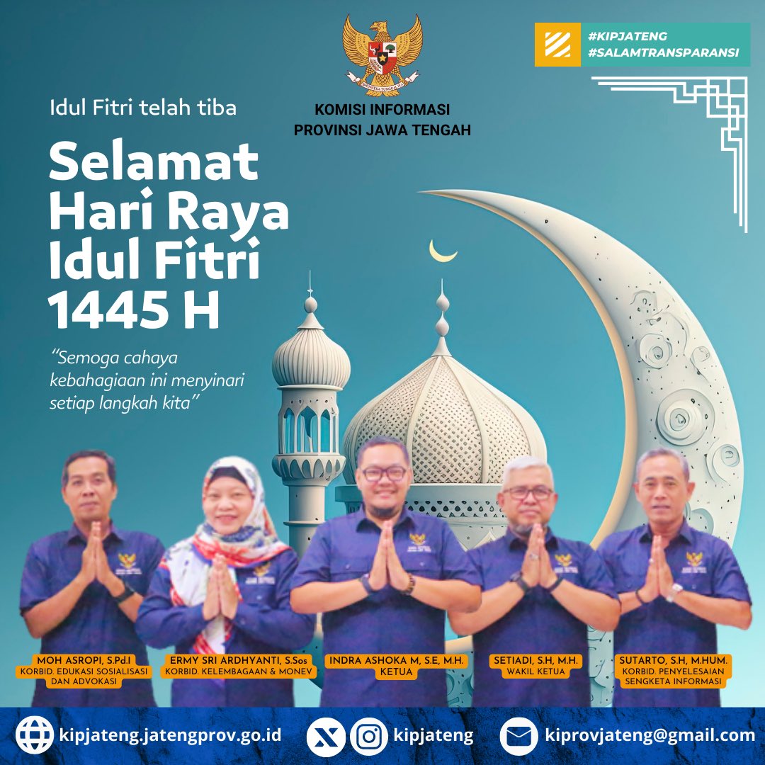 Segenap keluarga besar Komisi Informasi Provinsi Jawa Tengah mengucapkan:

.✨SELAMAT HARI RAYA IDUL FITRI 1445H ✨
🙏 MOHON MAAF LAHIR & BATIN 🙏

.Taqabbalallaahu minnaa wa minkum. 
Semoga Allah SWT menerima amal ibadah kita dan mengabulkan doa-doa kita.