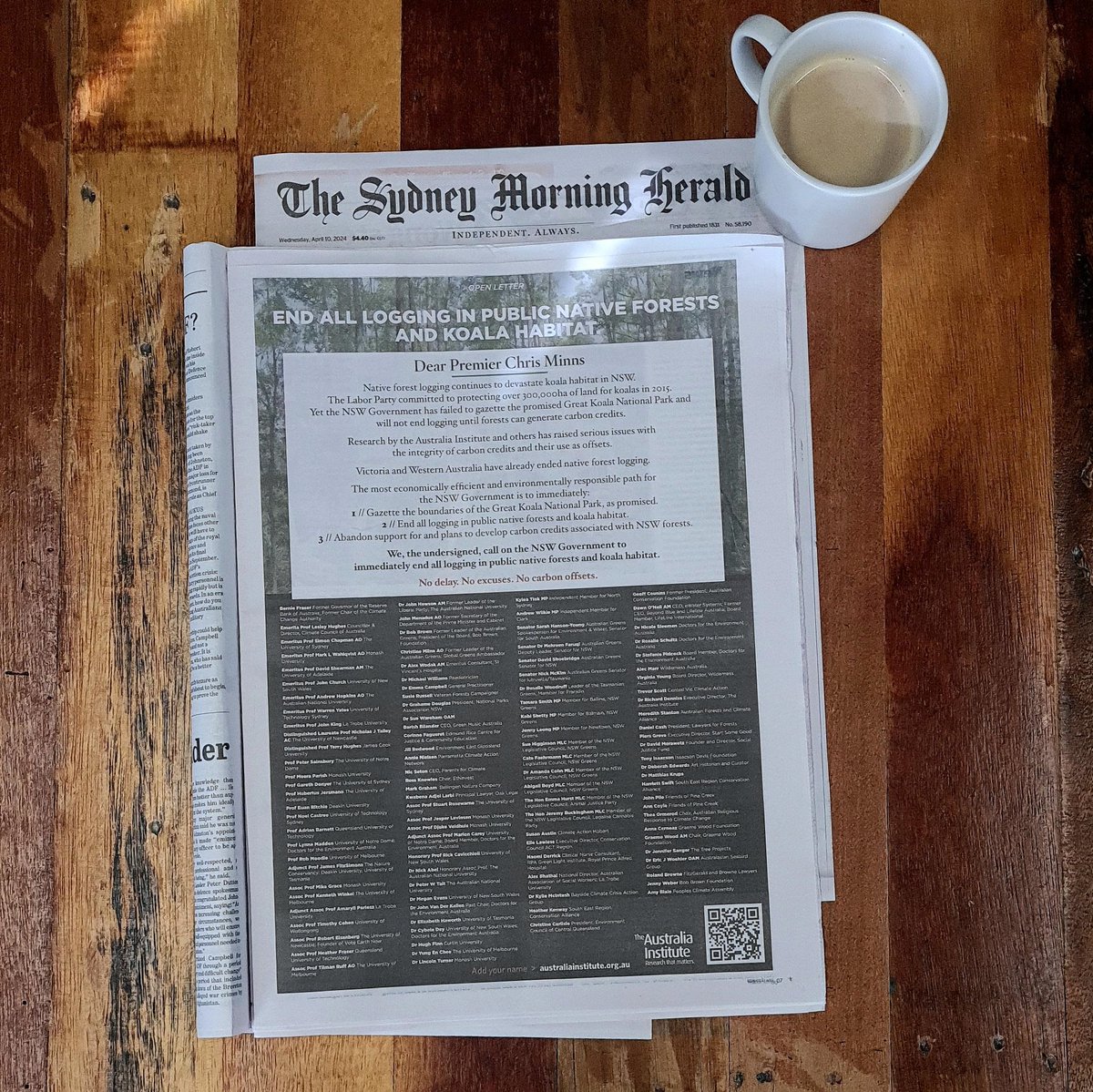 Our full-page open letter in the SMH today, signed by over 100 leaders and experts, calling for an end to all logging in public native forests and koala habitat in NSW. Please share and add your name > theaus.in/protectforests… Read the full text of the letter below. #auspol