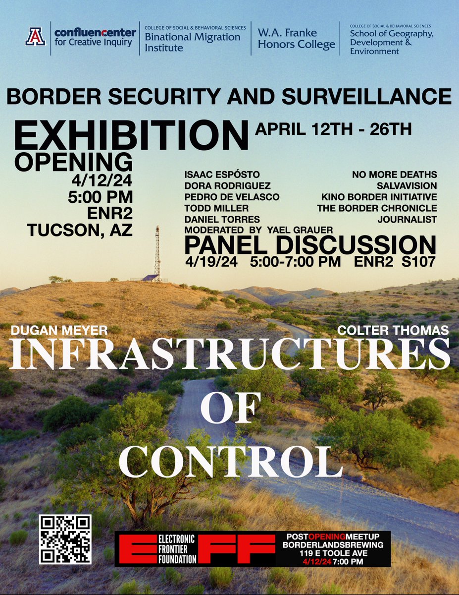 Exhibition for my project w/ Colter Thomas on US border surveillance infrastructure opens Friday in Tucson (on display April 12-26). Panel discussion April 19 w/ @yaelwrites, Dora Rodriguez, @memomiller, @pedrodevelasco, Daniel Torres, and Isaac Espósto!