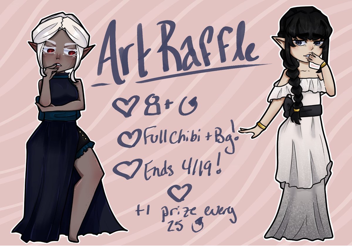 🍷ART RAFFLE!🍷
Rules:
♡ Rt &amp; Follow (new followers welcome) 
♡ Reply w/ character reference!

🍷Prize 🍷
♡ Full Body Chibi (w/ bg!) 

♡Additional winner for every 25 RT
♡Ends on April 19!

♡ #Vtuber #Raffle #Artmoots