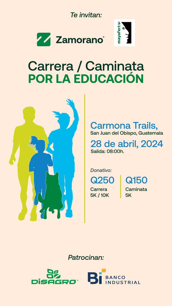 Nos vemos este 28 de abril en Antigua en la Carrera/Caminata #PorLaEducacion Todos los fondos recaudados serán para becar a jóvenes de #Guatemala con excelente desempeño académico y escasos recursos para estudiar su carrera en @EAPZamorano Inscríbete bit.ly/3TMwf6y