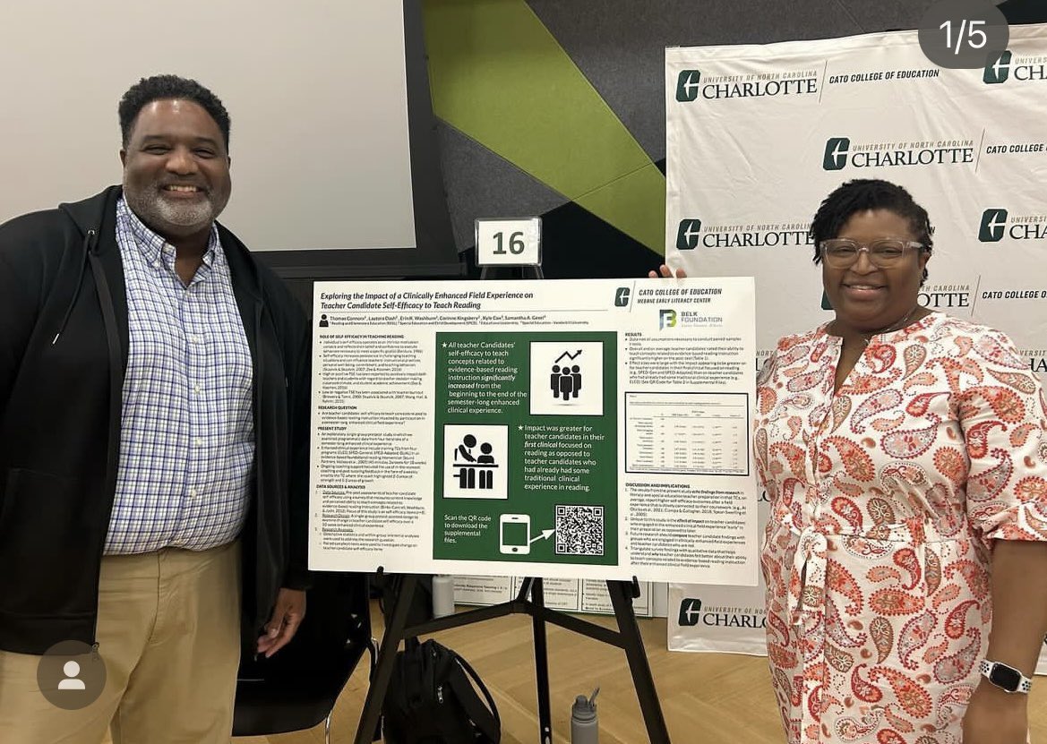 So proud of UNC Charlotte Reads coaching team @LDash81 and @twconnors for presenting on the impact of a clinically-enhanced field experience on teacher candidate self-efficacy to teach reading at the @CLT_COED research symposium. Y’all are AMAZING! 💚