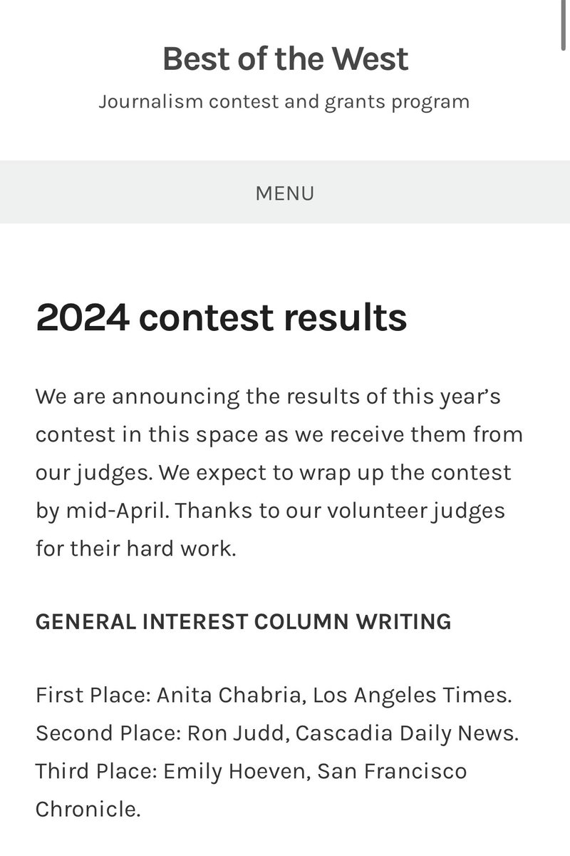 Well, this was a lovely surprise! So honored to be recognized alongside @anitachabria & @roncjudd in the 2024 Best of the West journalism contest for column writing 🙏🏼 and I’m beyond thankful to the @sfchronicle for supporting my work 🥹 bestofthewestcontest.org/2024-contest-r…