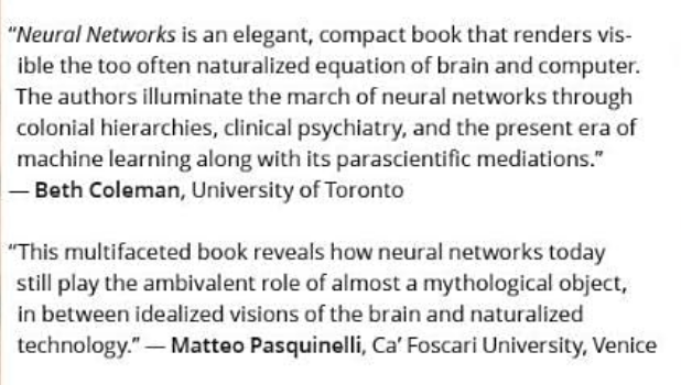 Here is what @drbethcoleman and @mattpasquinelli have to say about the book! . Many thanks to the 'In Search of Media' series editors, @whkchun, Timon Beyes, and esp. @MrsBunz, for their editorial guidance, and to the teams at Minnesota and Meson Presses for their support. (2/n)