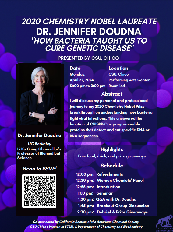 mso888's tweet photo. @ChicoState 's CHEM Dept &amp; Women in STEM, and @CaliforniaACS, are proud to host 2020 CHEM Nobel Laureate, @doudna_lab, on Mon. 4/22/24 in PAC 144. This is a FREE event &amp; open to middle schoolers and up! If interested, please RSVP here https://t.co/FSfo3J1njm, and reshare! https://t.co/6OukgOXaAA