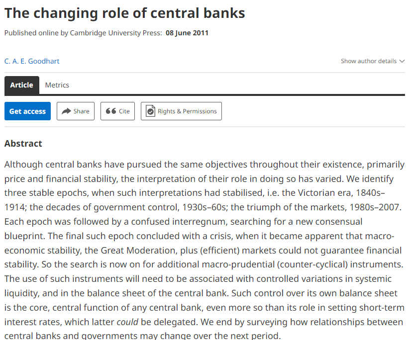 The most cited paper in the FHR: The changing role of central banks by Goodhart. Still remains an important paper to better understand the role of central banks in our modern society. History doesn't repeat itself, but it rhymes. cambridge.org/core/journals/…