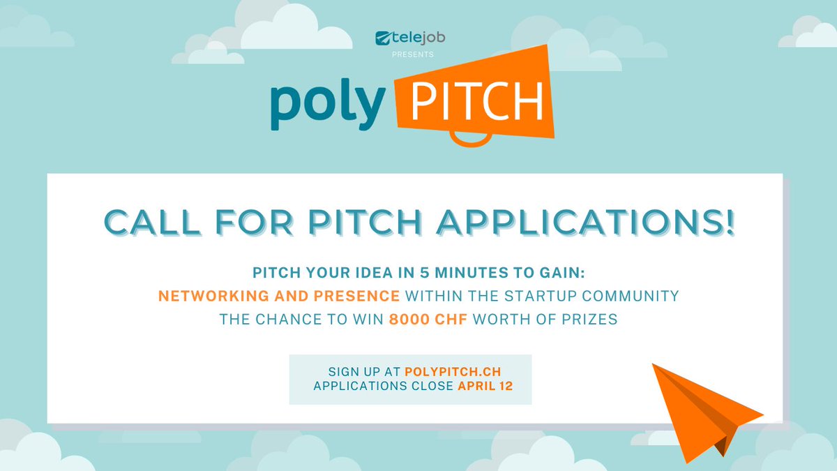polyPITCH applications are OPEN! Do you have a unique startup idea? Apply by April 12 at polypitch.ch for a chance to present your pitch and win!! 🎉 Event: April 30, 2024 @ 18:00 @AV_ETH @ETHSPH @ETH_Entprenship