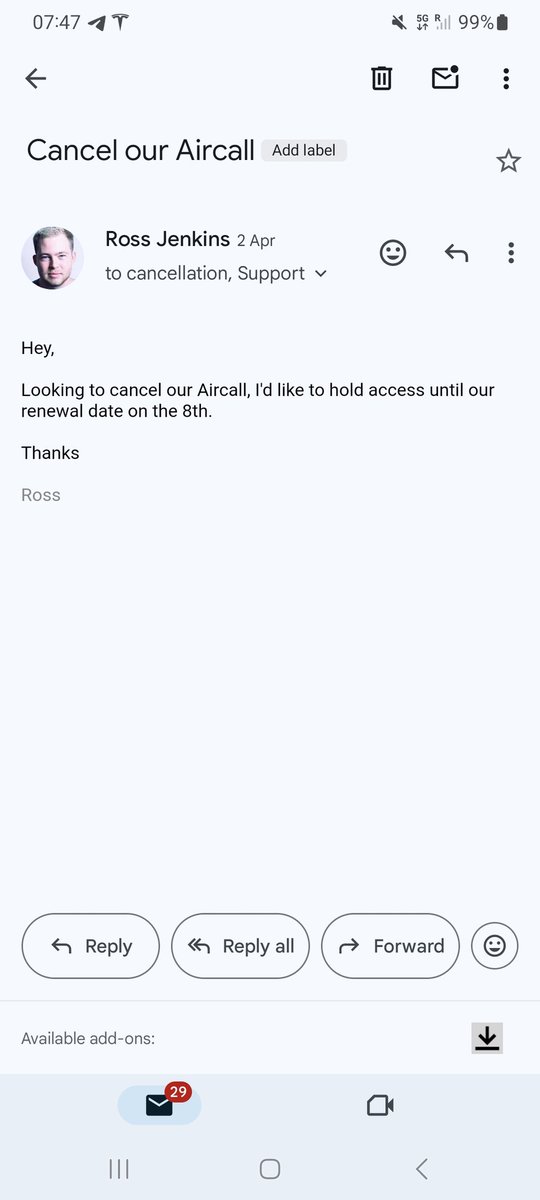 @aircall I cancelled, or emailed at least. No reply and you charged me today?