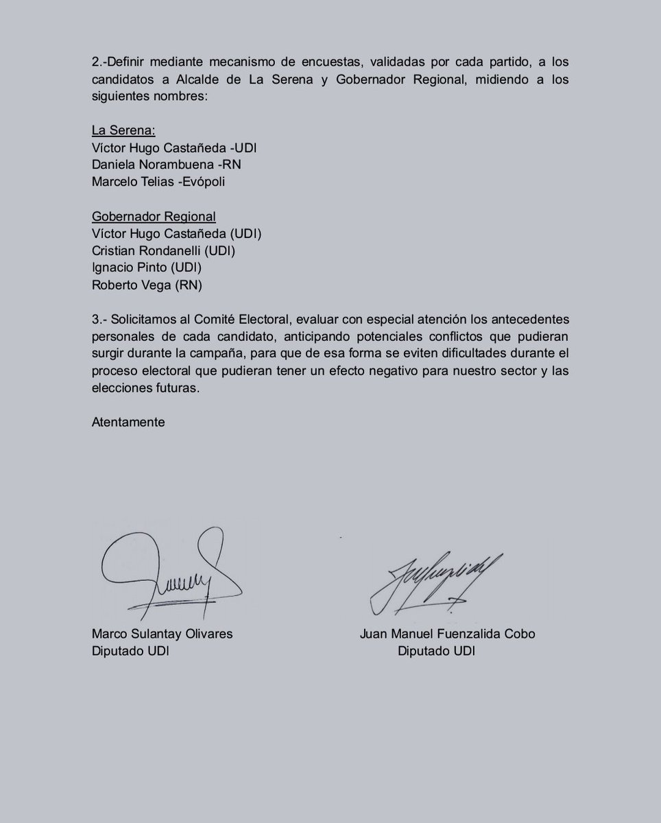 Y se filtró @PepaHoffmann la carta de los diputados de la @udipopular @MARCOSULANTAY y @jmfuenzalida por imposición del precandidato del senador @sergiogahona a Gobernador por #RegiónDeCoquimbo 
¡Pucha que les falta democracia y revisar antecedentes! Ya perdieron