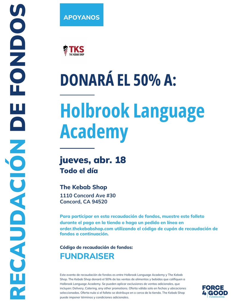 April #dinetodonate event! Thursday April 18th all day at the Kebab Shop in Concord Avenue . Come join us for a fun time and donate to support HOLA