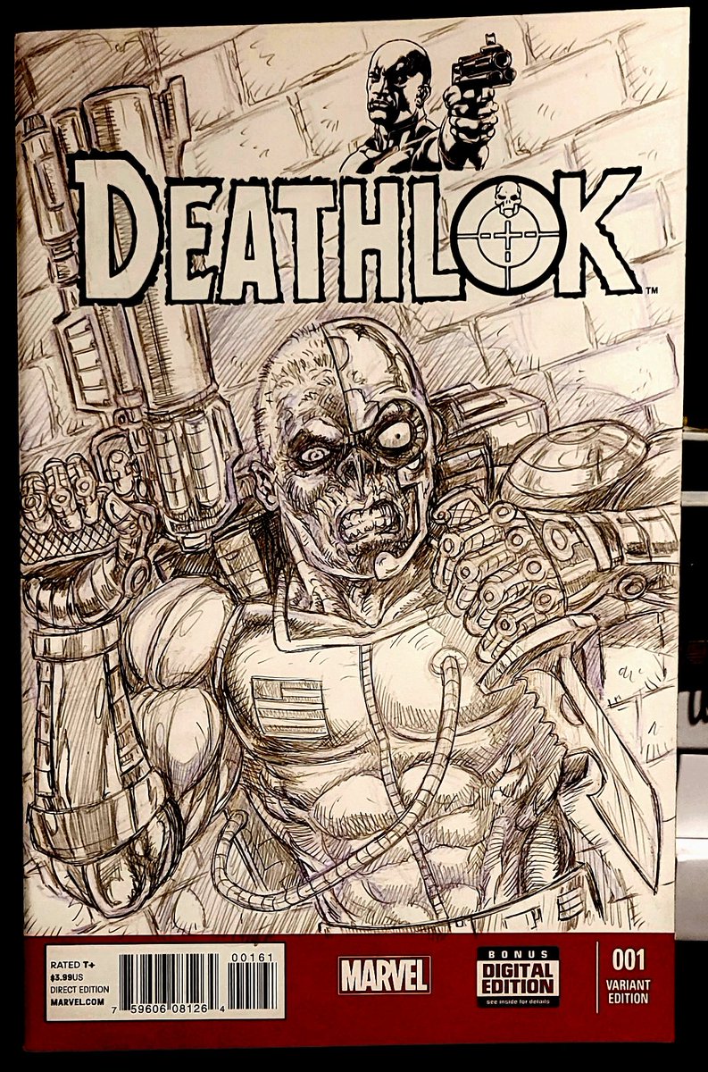 Deathlok sketch on blank variant comic cover.

I don't normally work this tight with pencils, but thus one is going to be painted/tinted with soluble graphite. 

#swyattart #deathlok #marvel #sketchcover #sketchcoverart #blankcomiccover #sketch #blanksketchcover #marvel