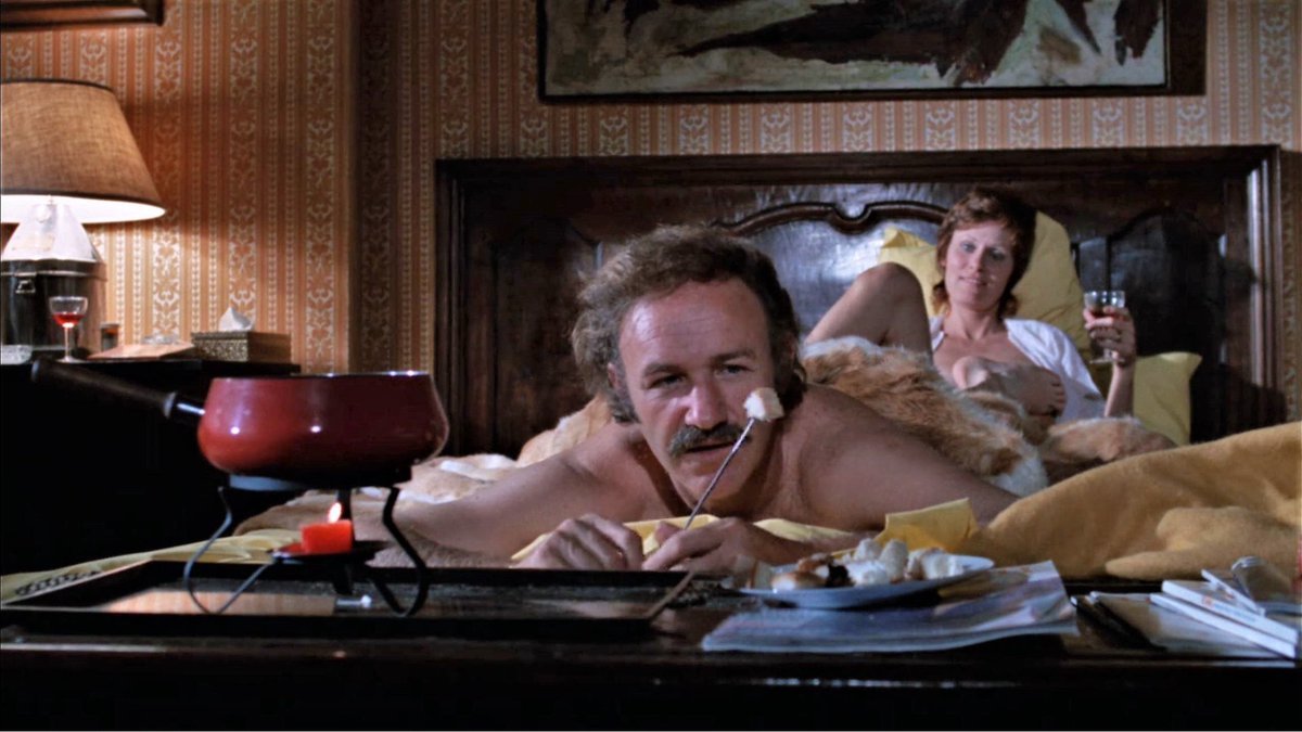 Less talk about Gene Hackman's fashion choices & more talk about the way in NIGHT MOVES, he's like, 'You know what's great after sex? Fondue!' ;)