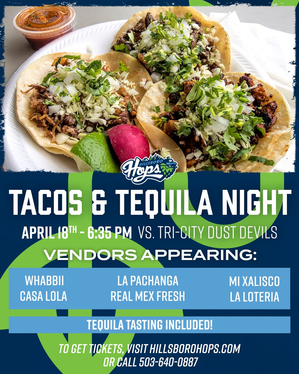 TAC-QUILA!!! 🌮 Join us next Thursday, April 18th as we celebrate Tacos & Tequila Night! Want to spice things up? You can get 3 tacos, tequila tastings and baseball (of course) with your ticket bundle. MORE INFO: milb.com/hillsboro/tick…