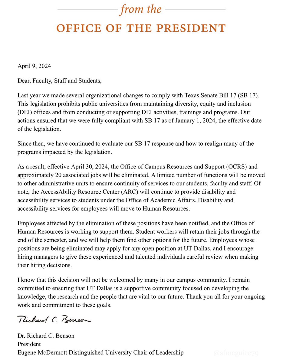 NEW: University of Texas at Dallas is closing its DEI office and eliminating 20 related positions. UT Austin did the same last week.