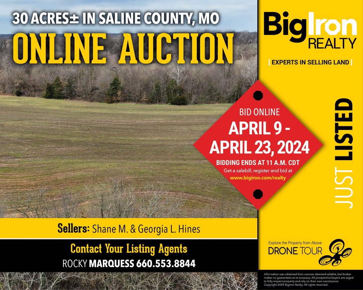 BIDDING NOW OPEN! Peaceful and pretty 30+/- acres with a good balance of farmland and timber providing an excellent wildlife habitat!

Check out full listing at hubs.la/Q02skGjw0 contact your listing agent, Rocky Marquess, today! #BigIronRealty #MissouriRealEstate