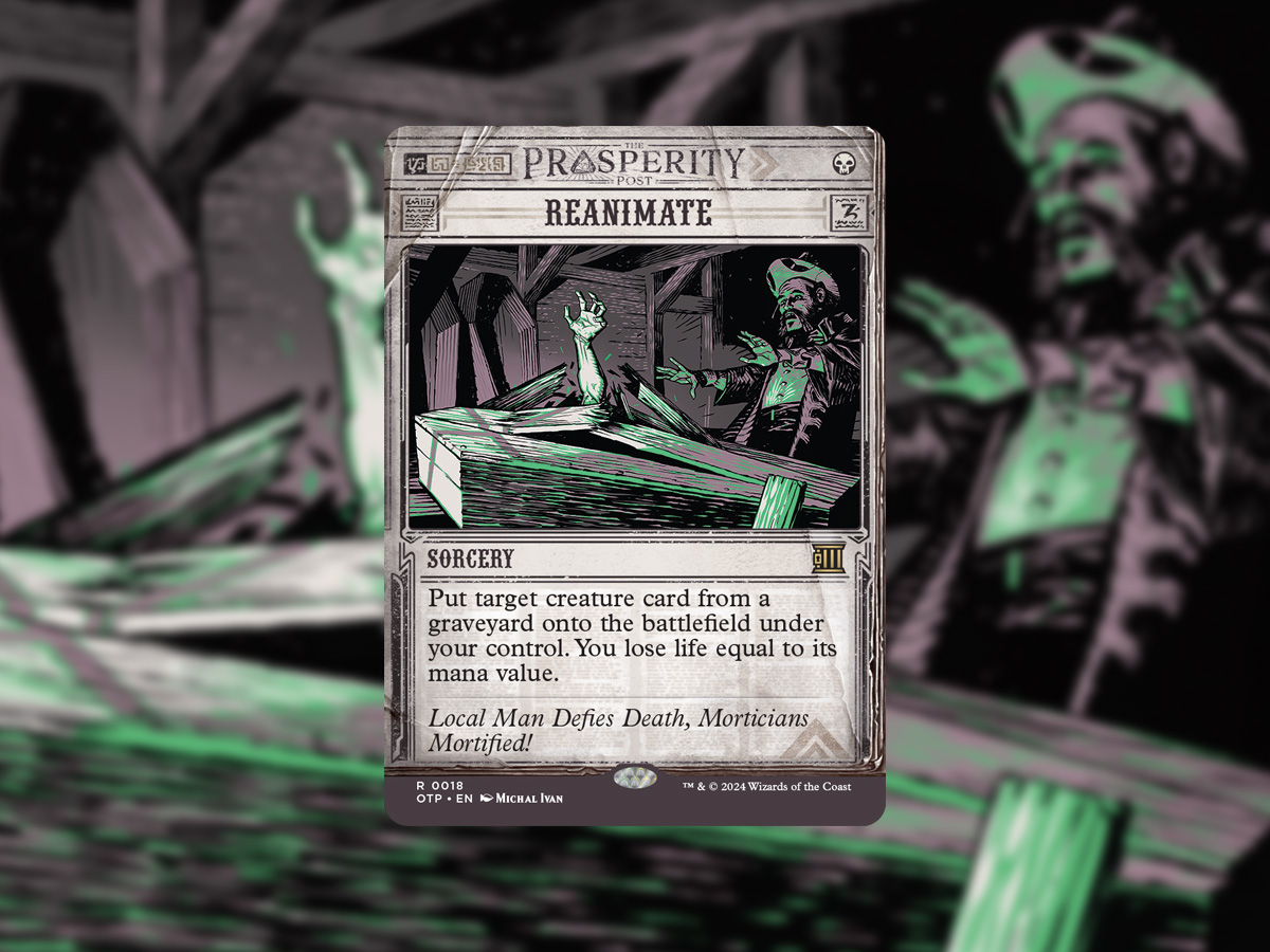 Give 'em a hand! Reanimate finds new life as a Breaking News card in #MTGThunder. Each pack of Outlaws of Thunder Junction contains a card with this unique treatment!