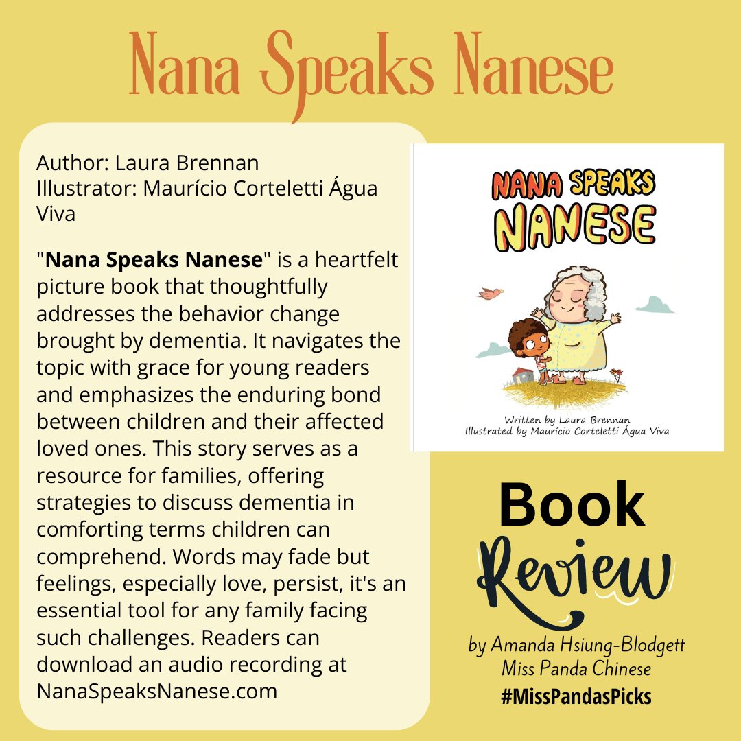 'Nana Speaks Nanese' is a heartfelt picture book that thoughtfully addresses the behavior change brought by dementia. It navigates the topic with grace for young readers and emphasizes the enduring bond between children and their affected loved ones. amzn.to/4cMatss
