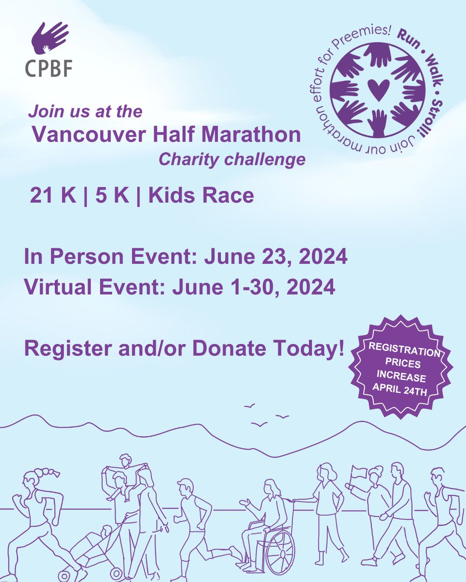 Quick reminder: Vancouver Half Marathon spots go fast! Show your support and join CPBF at this fun and meaningful event! Secure your spot TODAY! ow.ly/ywot50R9Alc 

#RunWalkStrollForPreemies #CPBFMarathon #RunForPreemies #PrematureBabies
