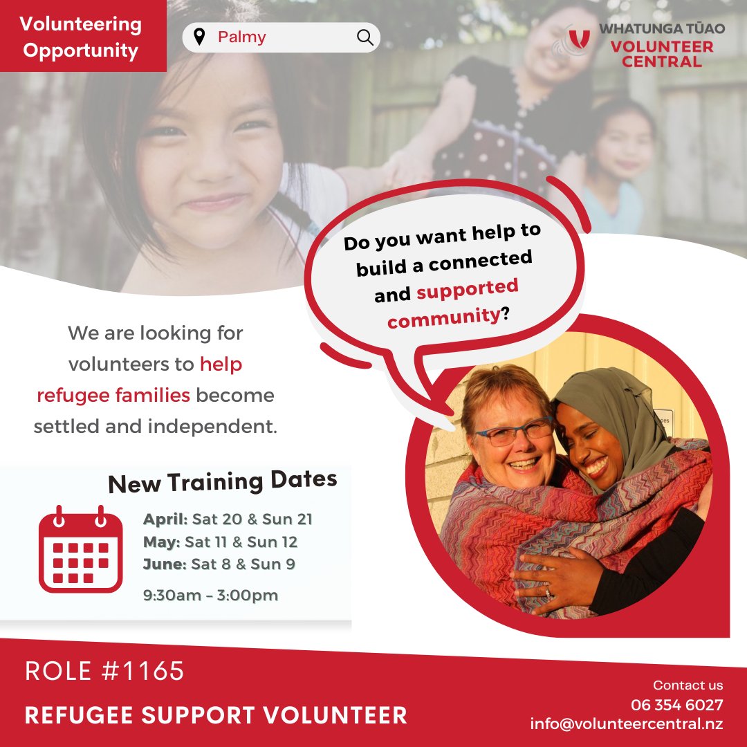 Contact us to become a Red Cross Refugee Support Volunteer in 2024!
📧 info@volunteercentral.nz

#Palmy #palmerstonnorth #levin #redcross #redcrossnz #refugee #refugeesupport #refugees #volunteering #volunteer