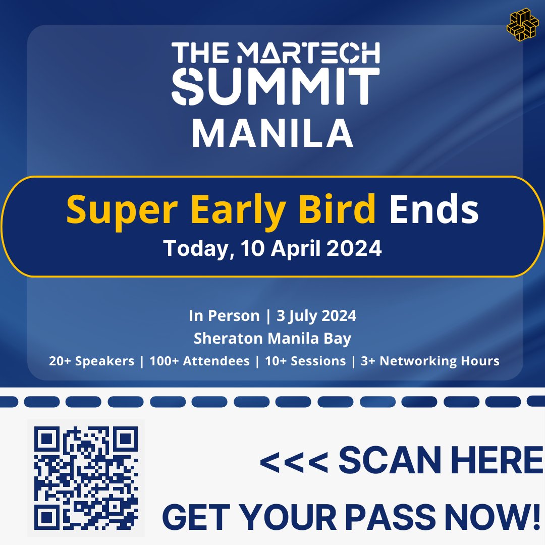 📢 Don't miss out! This is your last chance to grab Super Early Bird pricing for The MarTech Summit Manila on 3 July 2024, at Sheraton Manila Bay! 👏🎉 🐦 Save 40% on your passes today: themartechsummit.com/manila-registr…