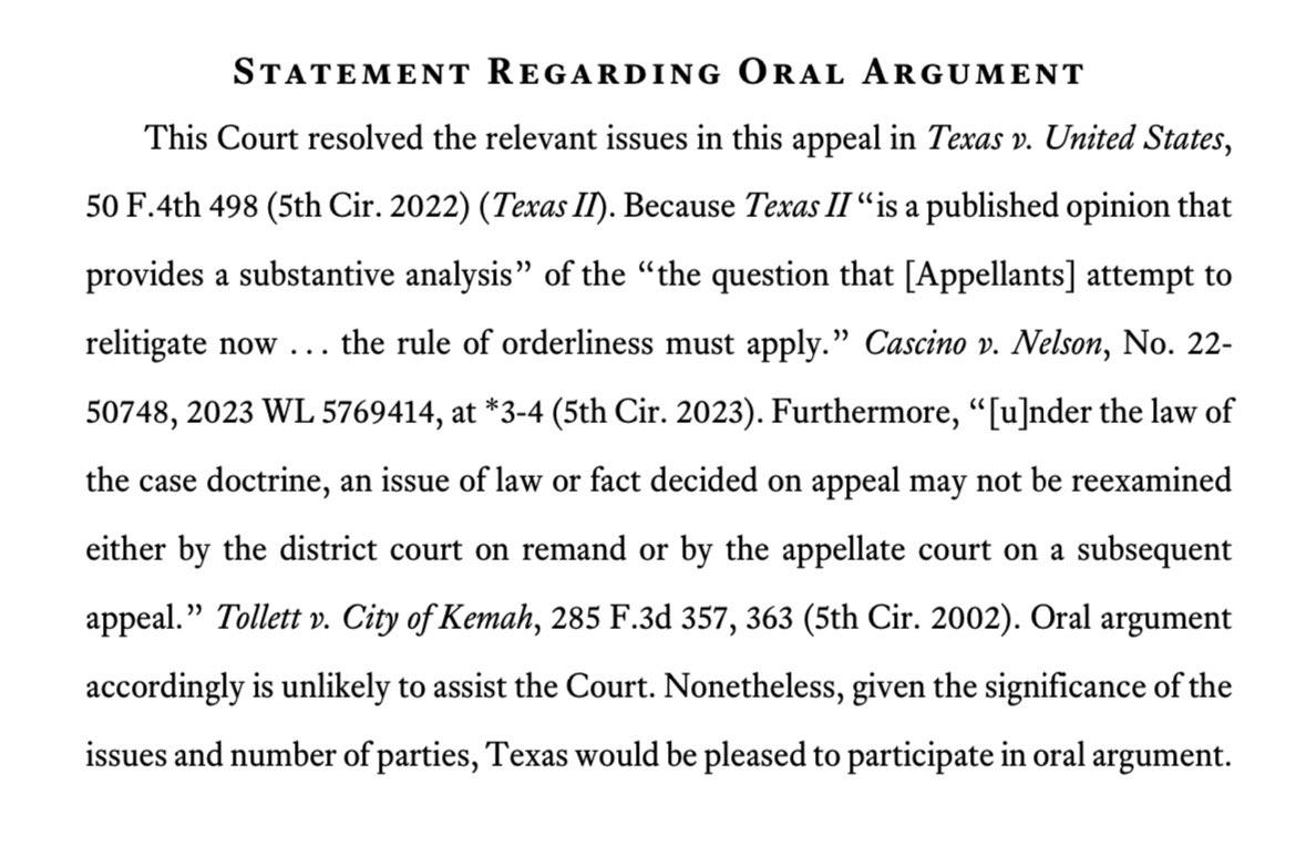 Just got Texas’ 5th circuit brief in the DACA case. They basically say a hearing isn’t needed but they’d be happy to show up to say the court has already declared it illegal and should do so again. This is a 2024 issue & folks need to wrap their minds around that. #HomeIsHere