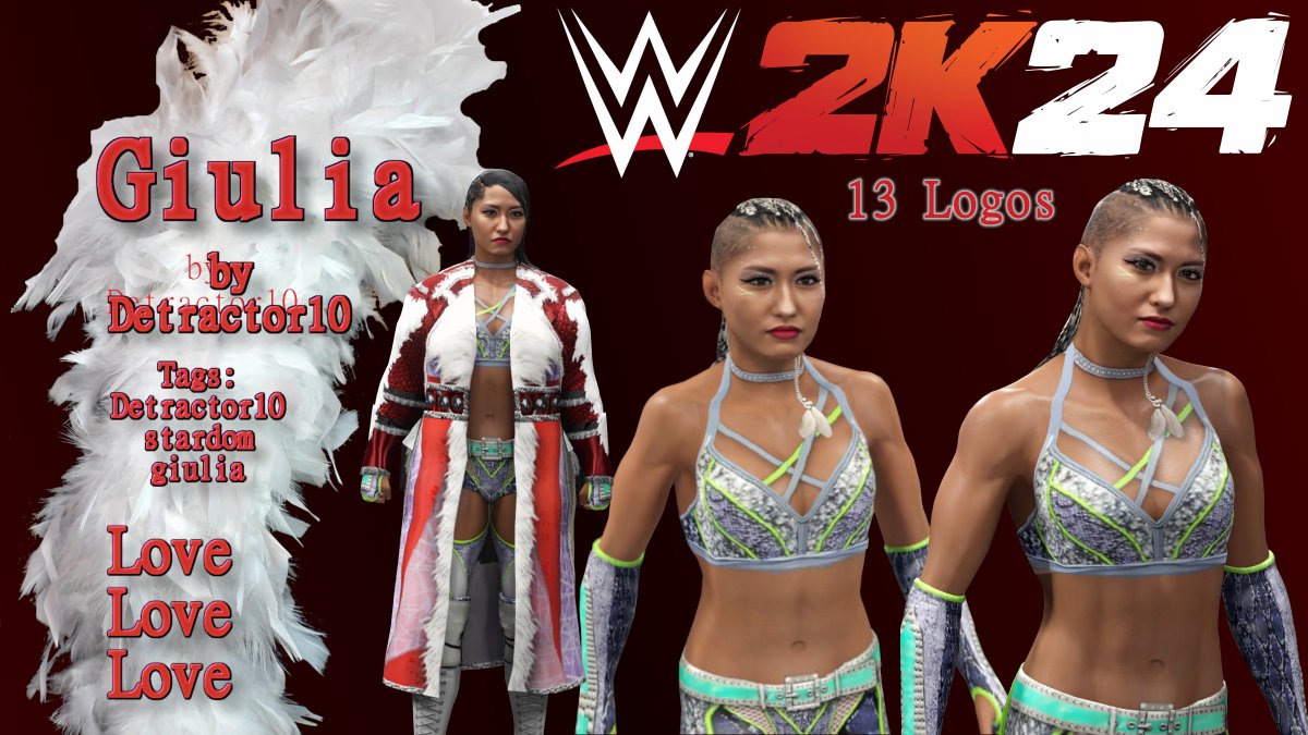 GIULIA 🤜🫷 uploaded to CC in #WWE2K24. Pics of gear and in ring in thread. CREDITS: @antronxe hairbaise texture I enhanced; @whatsthestatus invisible headgear; @BANbantam @indomitableCEO refs. Enjoy ❤️ #ジュリア #giulia #WWENXT #NXTTuesday #stardom #wwe