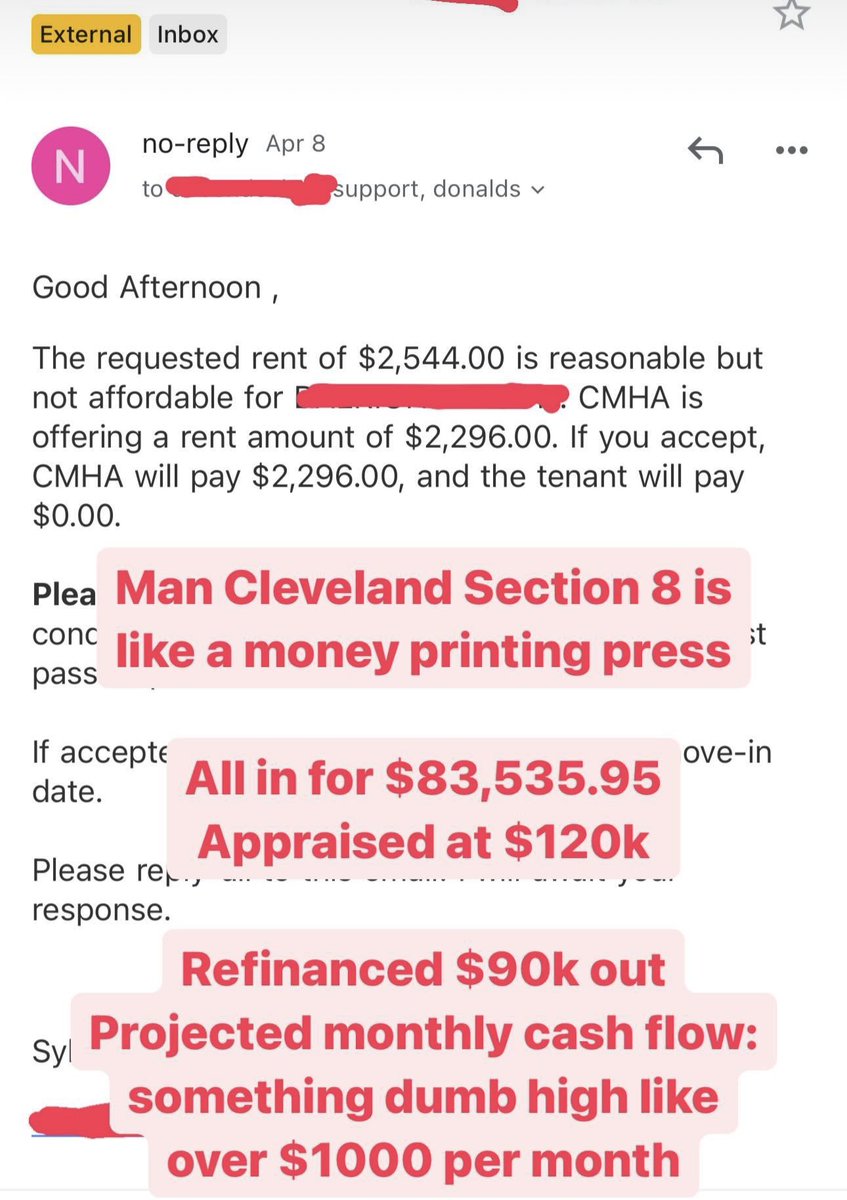 CMHA ( Cleveland housing authority ) paying $2,296/m and the tenant pays 0.🤑

Fully guaranteed. All in for $83k

Projected cash flow over $1k/m💰

This is why you get involved in section 8. 💯