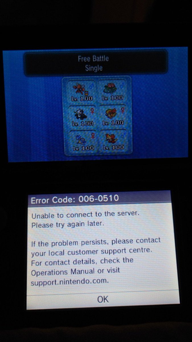 Joziken909's tweet photo. Wednesday April 10th at 00:13am: my first Pokémon Wonder Trade error. I can no longer trade. At 00:30am: Trainer PR Video worked; Battle Spot and GTS Trade are no longer functioning.
#Pokemon
#Nintendo
#3DS #PSS
#PokemonXY
#ORAS #GTS
#WonderTrade
#BattleSpot
#FriendSafari https://t.co/AjFVeez0cW