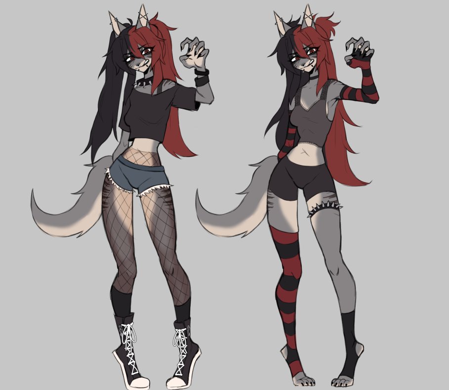ghwostie's tweet image. sooo after a year, im finally solidifying gray&apos;s design haha,
heres a peak at her official ref sheet, on the right is her main outfit and the left is an alternative fit ( tho shes not limited to just these looks :3 )