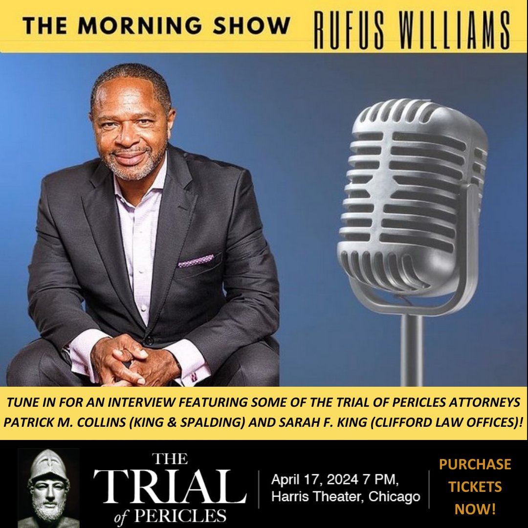 Tune in to the Rufus Williams Show on 4/10 at 7 a.m. CT featuring The Trial of Pericles attorneys Patrick M. Collins (King & Spalding) and Sarah F. King (Clifford Law Offices). Tickets: HarrisTheaterChicago.org/Performance/Tr… Interview Link: wvon.com @onairgary @WDCBPublicRadio