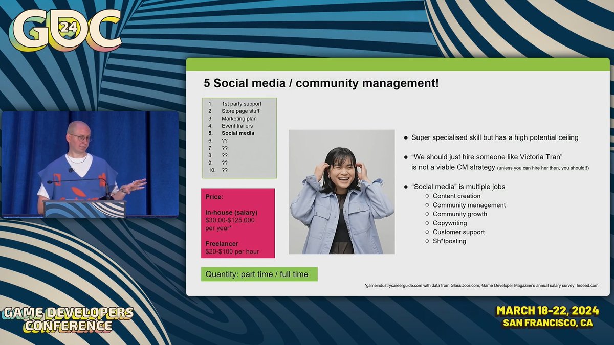 Was catching up on GDC talks I missed and my *shock* when I see this slide from @Olima 😂 IT'S TRUE, DEMOLISH ME, I'M TRASH. (Jk it was very sweet and I'm honored.) BUT he's right there's a lot of specialization! Hire someone who's right for you and your needs!!