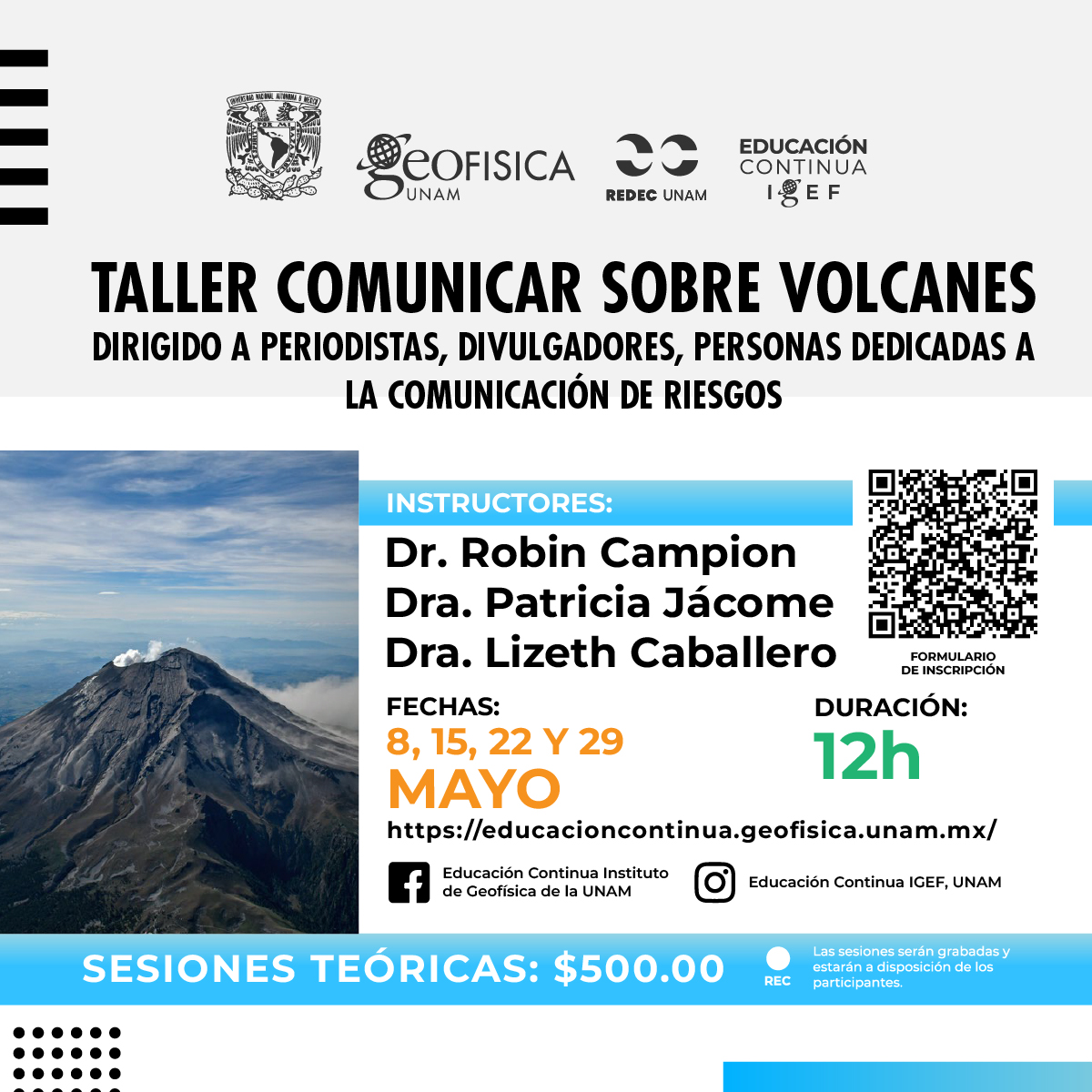 'Comunicar sobre volcanes' es un taller impartido por expertos y dirigido a periodistas, divulgadores y responsables de comunicación para fortalecer su profesionalismo al informar sobre estos gigantes. Inicia el 8 de mayo. Registro y más información: 🔗 acortar.link/jZEnYb