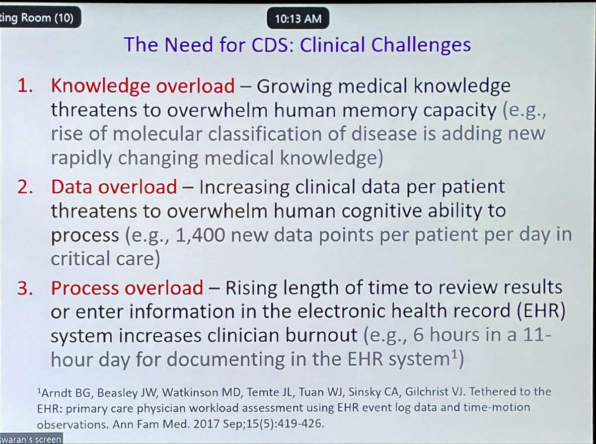 So happy to be hearing from @Shyam_Vis as the first speaker on our Clinical AI series. Why do we need AI-enhanced clinical decision support? @DT4Health